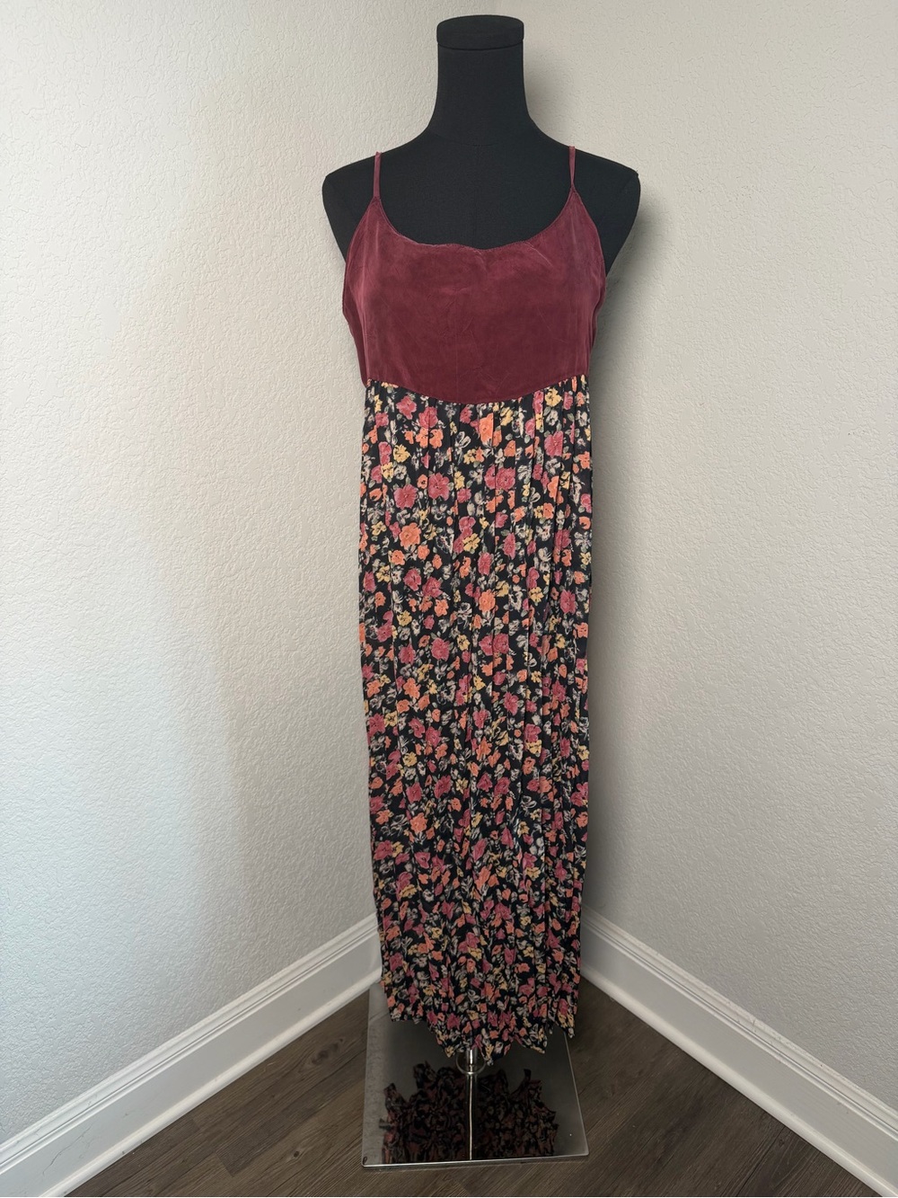 Floral Maxi Slip Dress with Burgundy Bodice